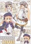  1girl :d @_@ arm_behind_head arm_up armpits arrow_(symbol) artoria_pendragon_(all) artoria_pendragon_(caster) bangs bare_shoulders beret black_cape black_headwear blonde_hair blush bow breasts cabbie_hat cape character_name chibi commentary_request dress eyebrows_visible_through_hair fate/grand_order fate_(series) gloves green_eyes grey_gloves grey_headwear hair_between_eyes hat holding hood hood_down hooded_cape kopaka_(karda_nui) long_hair multiple_views nose_blush open_mouth purple_bow red_cape sleeveless sleeveless_dress small_breasts smile standing standing_on_one_leg sweat translation_request twintails very_long_hair wavy_mouth white_background white_dress 