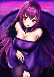  1girl absurdres bangs bare_shoulders blush breasts cleavage dress fate/grand_order fate_(series) feather_trim hair_between_eyes highres holding holding_wand jungtong large_breasts long_hair long_sleeves looking_at_viewer purple_dress purple_hair red_eyes scathach_(fate)_(all) scathach_skadi_(fate/grand_order) tiara wand 