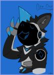  anthro birthday birthday_hat blue_body blue_fur clothing cybernetics cyborg fr05t_(character) fur gesture headgear headwear hi_res joshinoe_(artist) machine male mammal open_mouth protogen simple_background smile solo text v_sign 