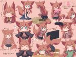  2019 4:3 animal_humanoid blue_eyes bottomwear braided_hair brown_hair canid canid_humanoid canine canine_humanoid clothed clothing dress face_squish female fox_humanoid fully_clothed hair hi_res humanoid japanese_text makuran mammal mammal_humanoid model_sheet momiji_(makuran) multiple_images petting skirt solo_focus squish tailwag text translation_request young 