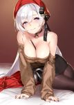  1girl 92m aran_sweater arm_support azur_lane bangs bare_shoulders belfast_(azur_lane) belfast_(shopping_with_the_head_maid)_(azur_lane) beret between_breasts black_legwear black_skirt blush breasts brown_sweater choker cleavage closed_mouth collarbone commentary_request earrings eyebrows_visible_through_hair food hair_between_eyes hat head_tilt highres hoop_earrings jewelry large_breasts leaning_forward long_hair looking_at_viewer off-shoulder_sweater off_shoulder pantyhose pencil_skirt red_headwear red_nails shawl silver_hair sitting skirt smile solo sweater very_long_hair 