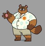  2020 animal_crossing anthro belly blue_eyes bottomwear brown_body brown_fur canid canine clothing fur hi_res javigameboy male mammal nintendo overweight overweight_anthro overweight_male raccoon_dog shirt shorts simple_background solo tanuki tom_nook_(animal_crossing) topwear video_games 