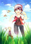  2boys age_difference bangs baseball_cap belt black_pants blush brown_hair brown_pants cloud day gen_1_pokemon grass grey_hair hat holding holding_poke_ball jacket kokoroko labcoat multiple_boys ookido_yukinari open_mouth outdoors pants pidgey poke_ball poke_ball_(basic) pokemon pokemon_(creature) pokemon_(game) pokemon_rgby purple_eyes red_(pokemon) running short_sleeves sky teeth tongue 