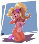  activision anthro bandicoot blonde_hair bottomless breasts clothed clothing coco_bandicoot crash_bandicoot_(series) female flower footwear fur green_eyes hair hi_res long_hair mammal marsupial nipples ohu plant shoes simple_background smile solo topwear video_games 