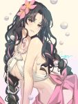  1girl bangs bare_shoulders bikini black_hair braid breasts chest_tattoo cleavage earrings facial_mark fate/grand_order fate_(series) flower forehead_mark hair_flower hair_ornament jewelry large_breasts long_hair looking_at_viewer lucidsky multicolored_hair necklace parted_lips pearl_necklace pink_hair sarong sesshouin_kiara smile streaked_hair swimsuit tattoo twin_braids water wavy_hair white_bikini yellow_eyes 