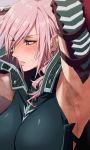  1girl armor armpit_stubble armpits arms_up bangs blue_eyes blush breasts close-up commentary_request curly_hair ear_blush embarrassed eyebrows_visible_through_hair eyelashes eyes_visible_through_hair final_fantasy final_fantasy_xiii hair_over_one_eye highres ishii_takamori large_breasts lightning_farron lightning_returns:_final_fantasy_xiii long_hair looking_away looking_to_the_side medium_breasts open_mouth parted_lips pink_hair shiny shiny_hair sidelocks solo steam steaming_body sweat upper_body 