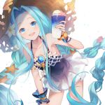  1girl :d bangs bare_shoulders blue_dress blue_eyes blue_hair braid brown_headwear collarbone commentary_request cup dress flower food forehead granblue_fantasy hair_flower hair_ornament hat holding holding_cup ice_cream ice_cream_float leaning_forward long_hair looking_at_viewer lyria_(granblue_fantasy) open_mouth parted_bangs seashell_hair_ornament shinia single_wrist_cuff sleeveless sleeveless_dress smile solo starfish starfish_hair_ornament straw_hat twin_braids upper_teeth very_long_hair white_background white_flower wrist_cuffs 
