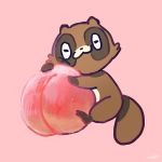  1:1 2020 anthro canid canine chibi eyes_closed food fruit hanakusotokyo hug mammal peach_(fruit) pink_background plant raccoon_dog simple_background solo tanuki 