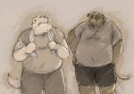  2020 anthro aotadobukitch belly blush bottomwear bovid bovine canid canine canis cattle clothing domestic_dog duo hi_res kemono male mammal overweight overweight_male pants shirt shorts topwear towel 