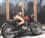 1girl ass biker_clothes blonde_hair blush bracelet building commentary_request denim denim_shorts earrings eyebrows_visible_through_hair grey_eyes ground_vehicle highres jewelry looking_at_viewer medium_hair motor_vehicle motorcycle multicolored_hair nihoshi_(bipedal_s) on_motorcycle original outdoors reflection shoes shorts sitting solo streaked_hair tattoo 