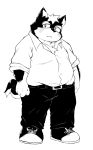 2020 anthro biped blush bottomwear canid canine canis clothing domestic_dog hi_res kemono male mammal monochrome overweight overweight_anthro overweight_male pants shirt simple_background solo topwear ukkaritanuki white_background 