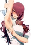  1girl arm_up armpit_stubble armpits bangs bare_arms bare_shoulders blush breasts covered_nipples hair_over_one_eye highres ishii_takamori kirijou_mitsuru large_breasts long_hair looking_at_viewer open_mouth persona persona_3 presenting_armpit rapier red_hair see-through solo steam sweat sweaty_clothes sword weapon 