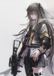  1girl absurdres bangs black_jacket black_legwear black_skirt girls_frontline grey_background grey_hair grin gun hair_between_eyes headgear highres holding holding_gun holding_weapon irikawa jacket long_hair long_sleeves mechanical_arms mod3_(girls_frontline) one_eye_closed prosthesis prosthetic_arm scar scar_across_eye simple_background single_leg_pantyhose skirt smile solo thigh_strap ump45_(girls_frontline) weapon 