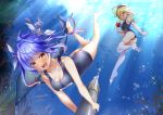  2girls :d ahoge animal bare_back black_swimsuit blonde_hair blue_hair book breasts cleavage collarbone dolphin eyebrows_visible_through_hair feet fish glasses green_eyes hair_between_eyes hat holding holding_book i-19_(kantai_collection) i-8_(kantai_collection) kantai_collection large_breasts long_hair mashiro_aa multiple_girls name_tag one-piece_swimsuit open_mouth red-framed_eyewear sailor_hat school_swimsuit smile star-shaped_pupils star_(symbol) swimsuit symbol-shaped_pupils thighhighs torpedo tri_tails underwater white_headwear white_legwear yellow_eyes 