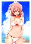  :d bare_shoulders bikini breasts cleavage cloud collarbone cowboy_shot eyebrows_visible_through_hair gema_sora highres large_breasts looking_at_viewer medium_hair navel one_eye_closed open_mouth orange_eyes pink_hair side_bun sky smile swimsuit two-tone_bikini water white_bikini yahari_ore_no_seishun_lovecome_wa_machigatteiru. yuigahama_yui 