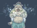  2020 4:3 anthro argent_cookie belly bottomwear brown_body brown_fur bulge canid canine canis clothing domestic_dog fur kemono male mammal overweight overweight_anthro overweight_male scar shorts solo tokyo_afterschool_summoners video_games yasuyori 