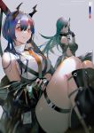  2girls arknights bangs black_jacket blue_hair breasts character_request copyright_name grey_hair highres horns jacket large_breasts looking_back looking_down multiple_girls necktie shiranori single_horn thick_thighs thighs yellow_eyes yellow_neckwear 