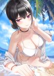  1girl arm_support bare_shoulders beach bikini black_hair blush breasts choker cleavage cloud collarbone commentary_request day full_body hair_between_eyes highres kfr large_breasts looking_at_viewer lying ocean on_side original outdoors palm_tree purple_eyes sky smile solo swimsuit tree water wet white_bikini 