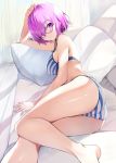  1girl absurdres ass bare_legs bare_shoulders barefoot bikini blue_bikini blush breasts closed_mouth commentary_request couch eyebrows_visible_through_hair fate/grand_order fate_(series) feet_out_of_frame glasses hair_over_one_eye hand_on_own_head highres indoors jas_(annkoromochi) legs looking_at_viewer lying mash_kyrielight medium_breasts on_couch on_side pillow pink-framed_eyewear purple_eyes purple_hair short_hair sideboob solo striped striped_bikini swimsuit trefoil 
