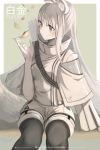  1girl animal_ear_fluff animal_ears arknights black_footwear boots character_name commentary feet_out_of_frame grey_eyes hand_up highres jacket ksartworks leaf long_hair platinum_(arknights) short_shorts shorts silver_hair sitting solo thigh_boots thighhighs very_long_hair white_jacket white_shorts 