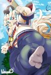  2020 agyou anthro asian_mythology bottomwear butt clothing cute_fangs east_asian_mythology foo_dog fur hat headgear headwear hi_res japanese_mythology kemono komainu lupus5903 mammal mythology outside overweight overweight_anthro pants solo tokyo_afterschool_summoners video_games white_body white_fur yōkai 