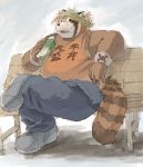  2020 absurd_res ailurid anthro aotadobukitch bench bodily_fluids bottomwear clothing hi_res humanoid_hands kemono male mammal overweight overweight_anthro overweight_male pants red_panda shirt sitting solo sweat topwear 