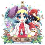  1girl 2boys :d baseball_cap black_hair blue_eyes blue_hair blush brown_eyes closed_mouth commentary_request confetti copyright_name crystal_(pokemon) gen_2_pokemon gold_(pokemon) hat holding holding_poke_ball kokoroko leaf legendary_pokemon long_sleeves looking_at_viewer lowres multiple_boys open_clothes open_mouth poke_ball poke_ball_(basic) pokemon pokemon_(creature) pokemon_(game) pokemon_gsc red_hair silver_(pokemon) smile suicune tongue yellow_headwear 