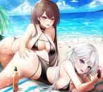  2girls absurdres ass azur_lane bangs beach bikini bird black_bikini black_swimsuit blue_eyes blunt_bangs breast_press breasts brown_hair cleavage criss-cross_halter cup eyebrows_visible_through_hair hair_between_eyes halterneck hand_on_another&#039;s_ass highres large_breasts lillly long_hair looking_at_viewer lying multiple_girls ocean on_stomach one-piece_swimsuit one_side_up palm_tree parted_lips race_queen sand seagull shoukaku_(azur_lane) shoukaku_(sororal_wings)_(azur_lane) sideboob silver_hair sky smile swimsuit tanning_oil thighs tree yellow_eyes zuikaku_(azur_lane) zuikaku_(the_wind&#039;s_true_name)_(azur_lane) 