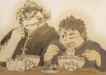  2019 anthro aotadobukitch duo eating eyes_closed eyewear food glasses hi_res human humanoid_hands kemono licho_(tas) male mammal overweight overweight_male protagonist_(tas) tokyo_afterschool_summoners video_games 