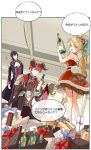  1girl 2boys absurdres alcohol blonde_hair bottle box choker dress food_fantasy formal gift gift_box gingerbread_(food_fantasy) highres horns jacket long_hair multiple_boys navel_cutout official_art pointy_ears purple_hair red_hair red_wine_(food_fantasy) short_hair short_ponytail shoulder_pads sitting steak_(food_fantasy) suit symbol-shaped_pupils translation_request wine wine_bottle 