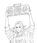  1girl bb_(baalbuddy) boombox elf greyscale highres long_hair monochrome original pointy_ears shirt solo staring t-shirt trench_coat 
