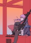  1girl ar-15 arm_support commentary_request construction_site evening from_side girls_frontline gloves gun jacket long_hair mod3_(girls_frontline) orange_sky pink_hair profile red_eyes redz rifle scope sidelocks sky solo st_ar-15_(girls_frontline) thighhighs weapon 