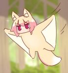  1girl animal animal_ear_fluff animal_ears animalization bangs blonde_hair blurry blurry_background blush day depth_of_field eyebrows_visible_through_hair flying flying_squirrel forest fox_ears fox_tail hair_between_eyes highres kemomimi-chan_(naga_u) long_hair looking_at_viewer naga_u nature original outdoors outstretched_arms red_eyes sidelocks solo sparkle spread_arms squirrel tail tree v-shaped_eyebrows 