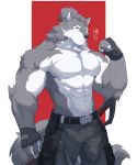  2020 abs anthro biceps bottomwear canid canine canis clothing fist fur hi_res ixkouu male mammal muscular muscular_anthro muscular_male navel pecs simple_background wolf 