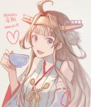  1girl :d ahoge bare_shoulders brown_hair cup dated detached_sleeves grey_background hand_up heart holding holding_cup japanese_clothes kantai_collection kasumi_(skchkko) kongou_(kantai_collection) looking_at_viewer miko open_mouth purple_eyes signature simple_background smile solo teacup wide_sleeves 