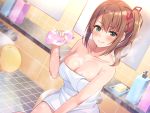  blush brown_hair green_eyes original ponytail super_nagoyaka towel 