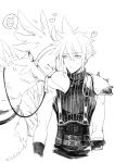  1boy ? animal armor baby bird blonde_hair chocobo cloud_strife final_fantasy final_fantasy_vii gloves greyscale happy hatching heart highres mascot monochrome nair pauldrons reins shoulder_armor spiked_hair uniform 