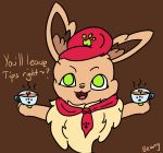  ambiguous_gender beany_(character) beanydraws black_eyebrows brown_background brown_body brown_ears brown_fur brown_inner_ear digital_media_(artwork) eevee eeveelution english_text eyebrows facing_viewer fur green_eyes green_nose holding_object looking_at_viewer nintendo open_mouth open_smile paws pok&eacute;mon pok&eacute;mon_(species) pokemon_cafe_mix red_scarf simple_background smile solo solo_focus text video_games 