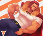  1boy bara beard cape chest denim facial_hair fate/grand_order fate/zero fate_(series) hand_on_hip highres iskandar_(fate) jeans male_focus misterpanncake muscle pants red_eyes red_hair shirt short_sleeves smile solo t-shirt thighs upper_body 