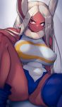  1girl animal_ears bare_shoulders blue_legwear boku_no_hero_academia breasts bunny_ears covered_navel covered_nipples dark_skin fur-trimmed_leotard highres kashu_(hizake) knee_up large_breasts leotard long_hair mirko outstretched_arm parted_lips red_eyes sitting smile solo spread_legs symbol_commentary thick_thighs thighhighs thighhighs_pull thighs v-shaped_eyebrows very_long_hair white_hair white_leotard 