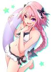  1boy astolfo_(fate) barefoot bikini black_bow blush bow braid commentary_request eyebrows_visible_through_hair fang fate/grand_order fate_(series) hair_bow highres long_hair looking_at_viewer male_focus multicolored_hair navel open_mouth otoko_no_ko pink_hair purple_eyes simple_background single_braid skin_fang smile solo standing standing_on_one_leg star_(symbol) streaked_hair swimsuit tgh326 white_background white_bikini 