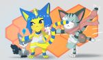  2020 absurd_res animal_crossing ankha_(animal_crossing) anthro bandage blue_hair chibi crystal domestic_cat felid feline felis female female/female feral group hair hecatefroz hi_res lolly_(animal_crossing) long_tail mammal nintendo paws simple_background simple_eyes video_games 