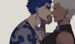  2boys archer blue_hair brown_eyes chest close-up couple covering_mouth cu_chulainn_(fate)_(all) dark_skin dark_skinned_male earrings fate/grand_order fate/stay_night fate_(series) hand_over_another&#039;s_mouth hikaru_(asteriskring) hug imminent_kiss jewelry lancer male_focus multiple_boys muscle necklace pectorals red_eyes shirtless white_hair yaoi 