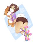  2019 absurd_res anthro bottomwear bulge butt canid canine canis clothed clothing crop_top crossdressing curled_tail digital_media_(artwork) domestic_dog flaffy_(viskasunya) fur girly hair hi_res hugging_object looking_at_viewer male mammal plushie quad_skates rollerskates shirt shorts solo topwear viskasunya 