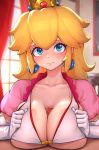  1girl areola_slip areolae bikini blonde_hair blue_eyes blush breast_squeeze breasts censored collarbone crown dress earrings elbow_gloves gloves highres huge_breasts jewelry kashu_(hizake) long_hair looking_at_viewer mario_(series) mosaic_censoring paizuri paizuri_under_clothes penis pink_dress pov princess_peach solo_focus swimsuit white_gloves 
