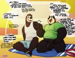  absurd_res anthro balls bottomless canid canine canis casual_nudity clothed clothing disney domestic_cat domestic_dog duo english_text felid feline felis fist_bump flaccid genitals gesture goof_troop hi_res male male/male mammal max_goof mazemore overweight penis pj_(goof_troop) text 