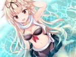  1girl adapted_costume bikini bikini_skirt black_bikini black_ribbon black_skirt blonde_hair breasts cleavage fathom hair_flaps hair_ornament hair_ribbon hairclip highres kantai_collection long_hair medium_breasts red_eyes remodel_(kantai_collection) ribbon scarf shallow_water sitting skirt smile solo swimsuit wariza water white_scarf yuudachi_(kantai_collection) 