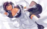  1girl arm_up black_hair blush breasts cleavage collarbone dark_skin elbow_gloves eyebrows_visible_through_hair garter_straps gloves highres konbu_wakame large_breasts lilith_(saikin_yatotta_maid_ga_ayashii) looking_at_viewer lying maid maid_headdress on_back open_mouth puffy_sleeves purple_eyes saikin_yatotta_maid_ga_ayashii short_hair smile solo thighhighs white_gloves white_legwear 