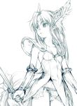  1girl branch_(blackrabbits) breasts closed_mouth dress helmet long_hair low-tied_long_hair monochrome polearm riesz seiken_densetsu seiken_densetsu_3 simple_background solo very_long_hair weapon white_background winged_helmet 