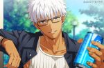 1boy akujiki59 alternate_costume alternate_hairstyle archer brown_eyes can chest close-up dark_skin dark_skinned_male fate/grand_order fate/stay_night fate_(series) glasses male_focus pectorals smile solo tank_top white_hair 